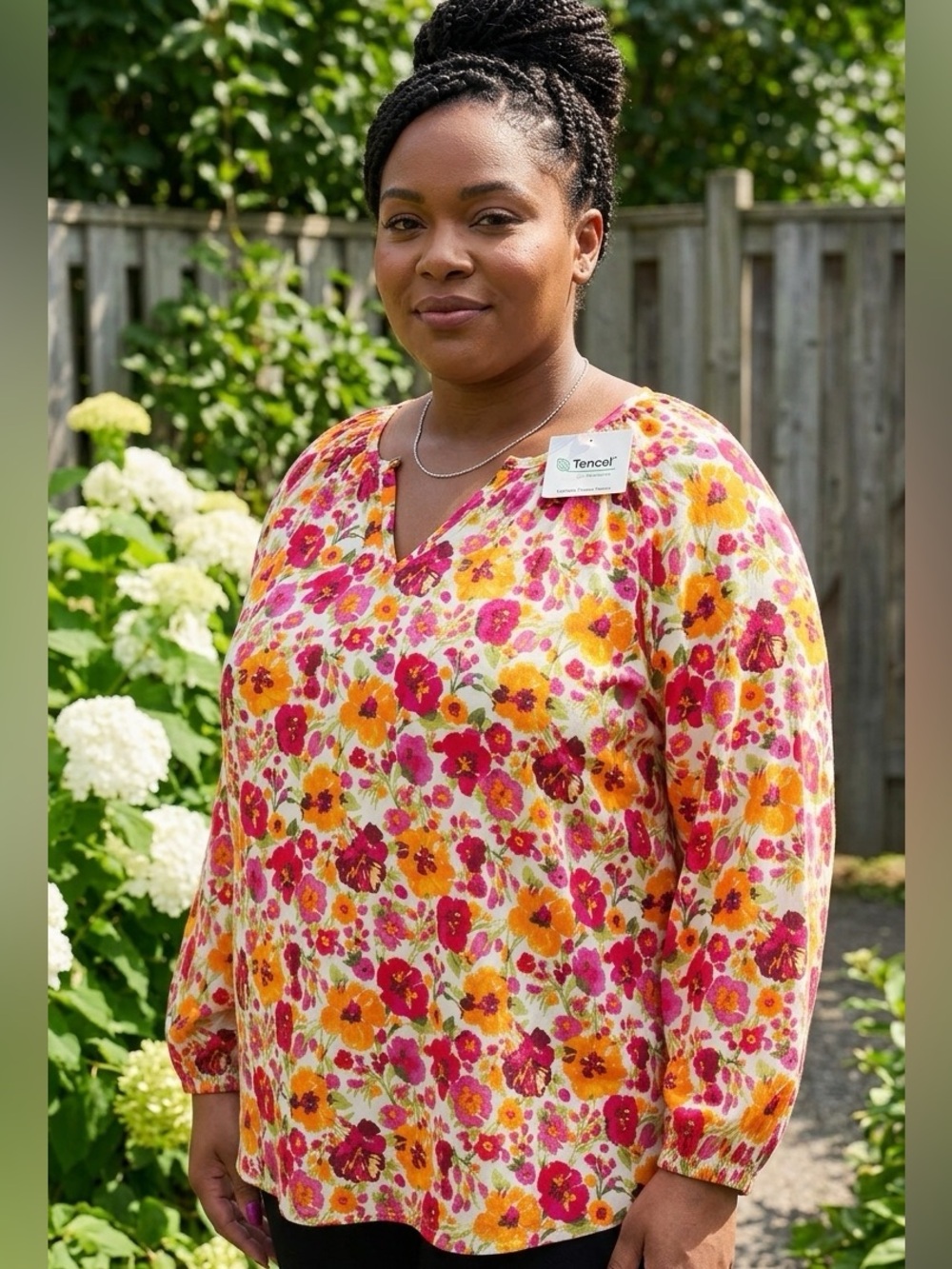 Lands' End Floral Tencel Modal Gathering V-Neck Blouse